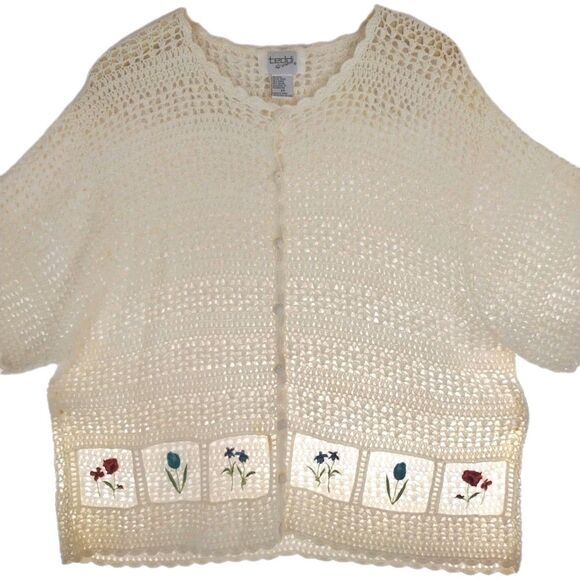Teddi Cardigan Short-sleeve Crochet Embroidered Ivory Sweater Overlay 3X - Picture 3 of 11